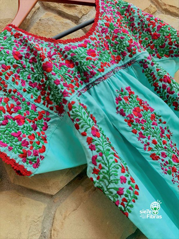 Mexican Dress San Antonino Aqua Green & Red Colour