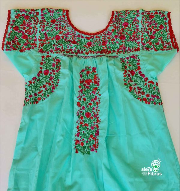 Mexican Dress San Antonino Aqua Green & Red Colour